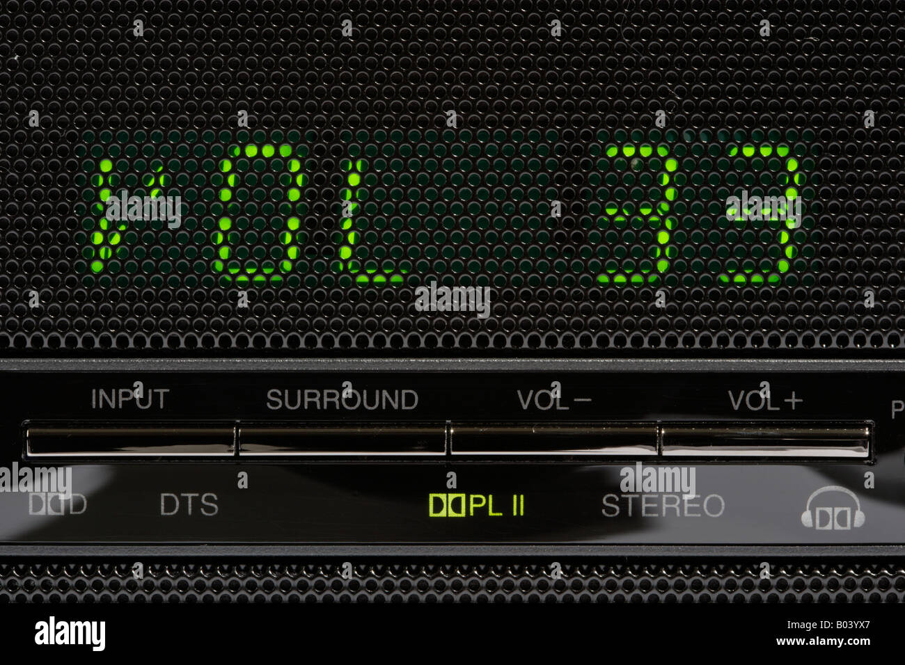 Close up of a home theatre sound system with VOL 33 lit up Stock Photo