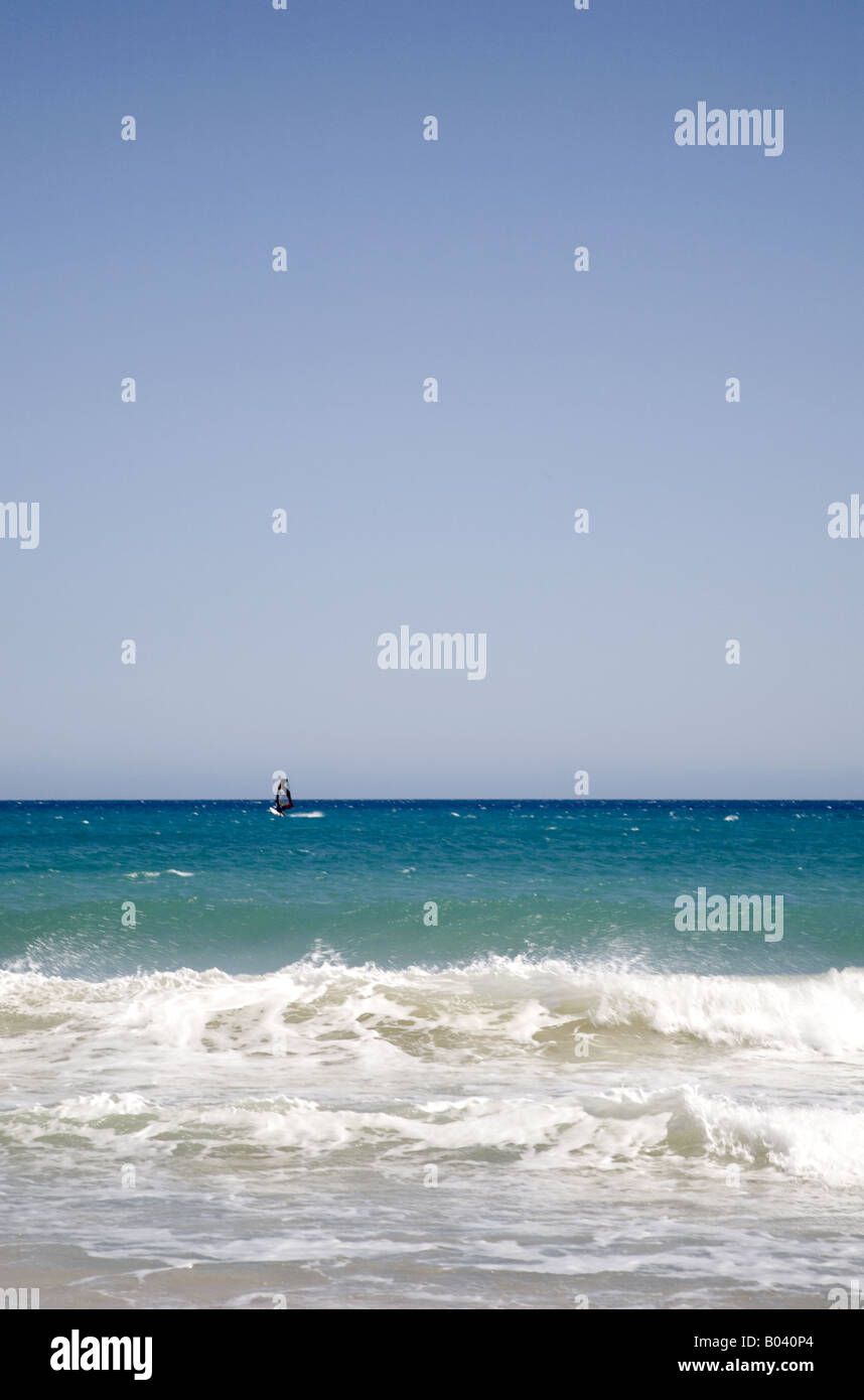 Abstract of an azure blue sea and blue sky, Playa Sotavento de Jandia, Fuerteventura, Canaries, Spain Stock Photo