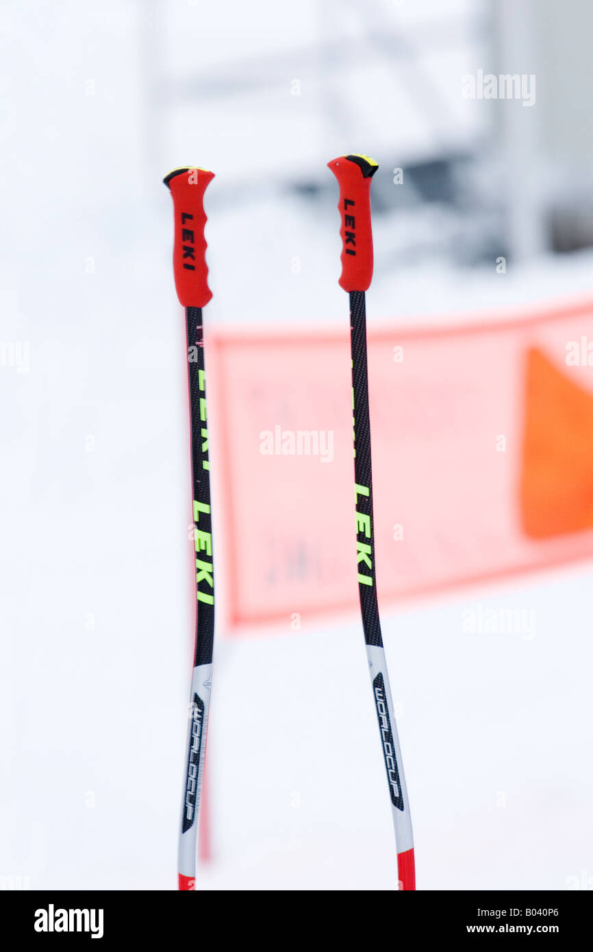 Ski poles planted in the snow, Passo del Tonale Italy Stock Photo