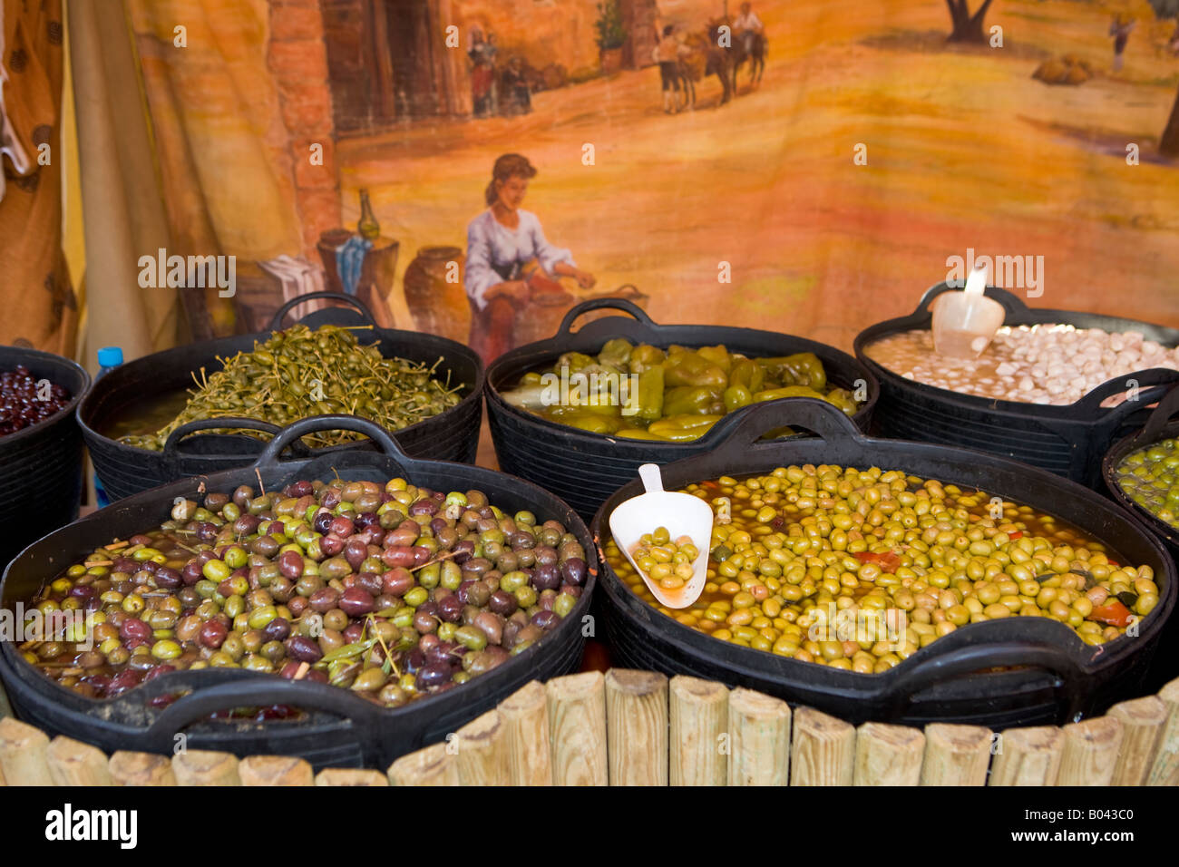 Olives at a market stall in Plaza de la Corredera, City of Cordoba, UNESCO World Heritage Site, Province of Cordoba, Andalusia Stock Photo
