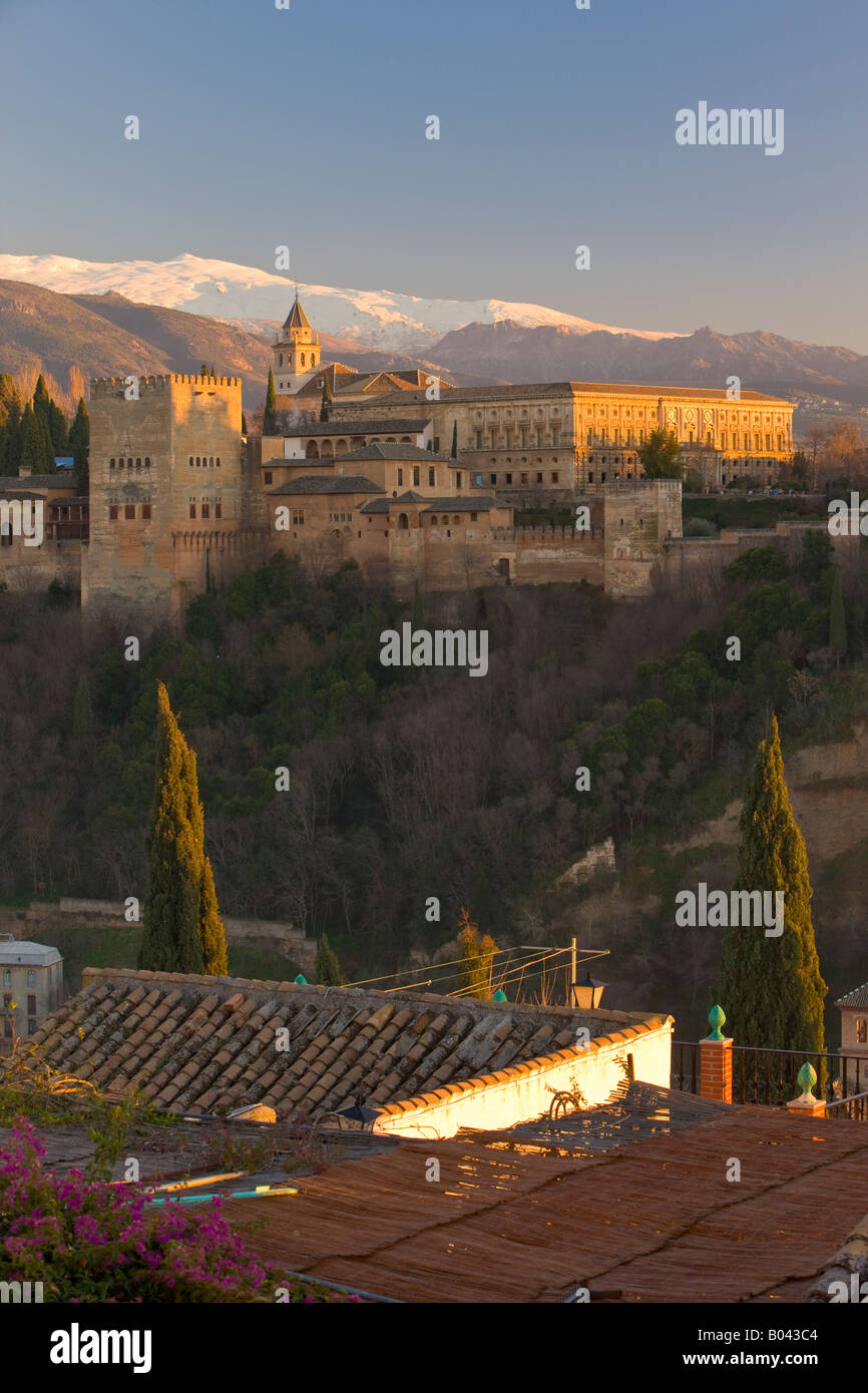 The Alhambra a moorish citadel and palace (designated a UNESCO World Heritage Site in 1984), backdropped by snowcapped mountain Stock Photo