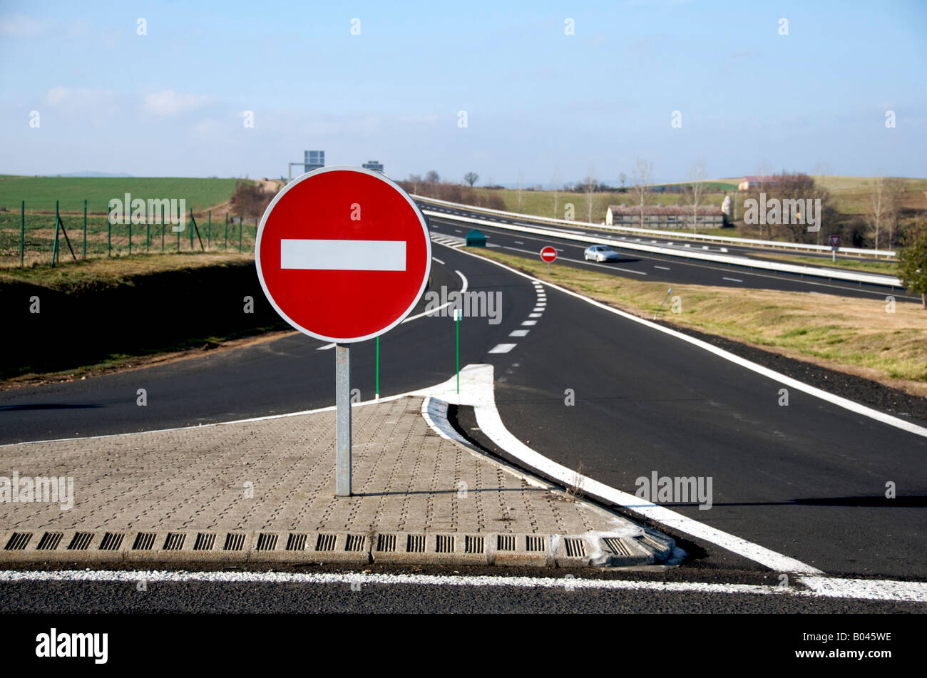 No entry sign on the slip road of a French motorway / autoroute - warning to drive on the right hand side of the road Stock Photo