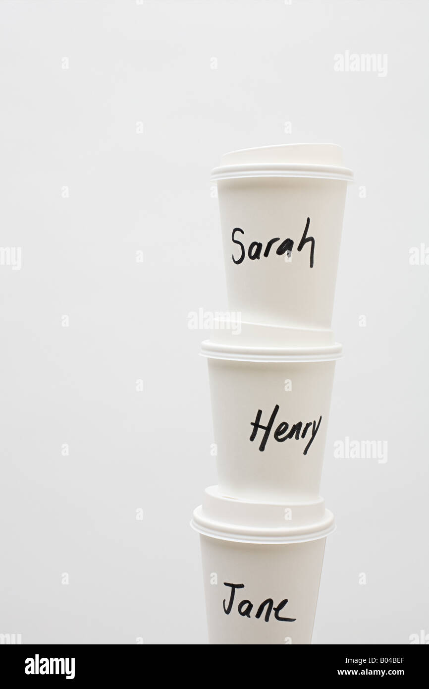 Names on paper cups Stock Photo Alamy