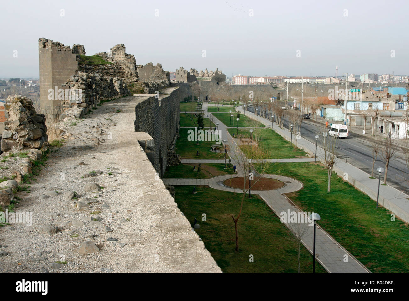 The view from the top of the black basalt city walls in Diyarbakir which it is possible to walk along Stock Photo