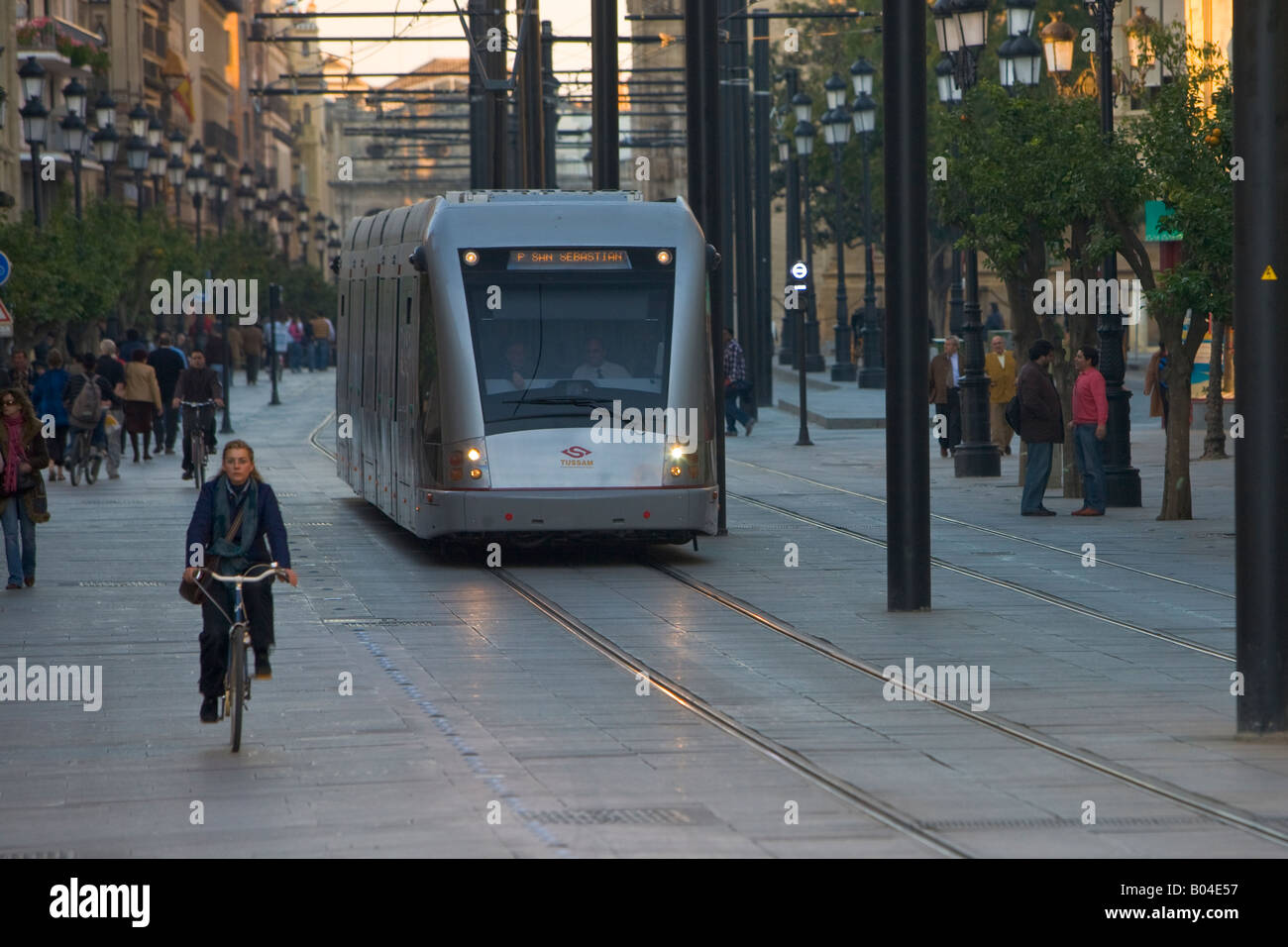 Metro tram along Avenida de la Constitucion, Santa Cruz District, City of Sevilla (Seville), Province of Sevilla, Andalusia Stock Photo