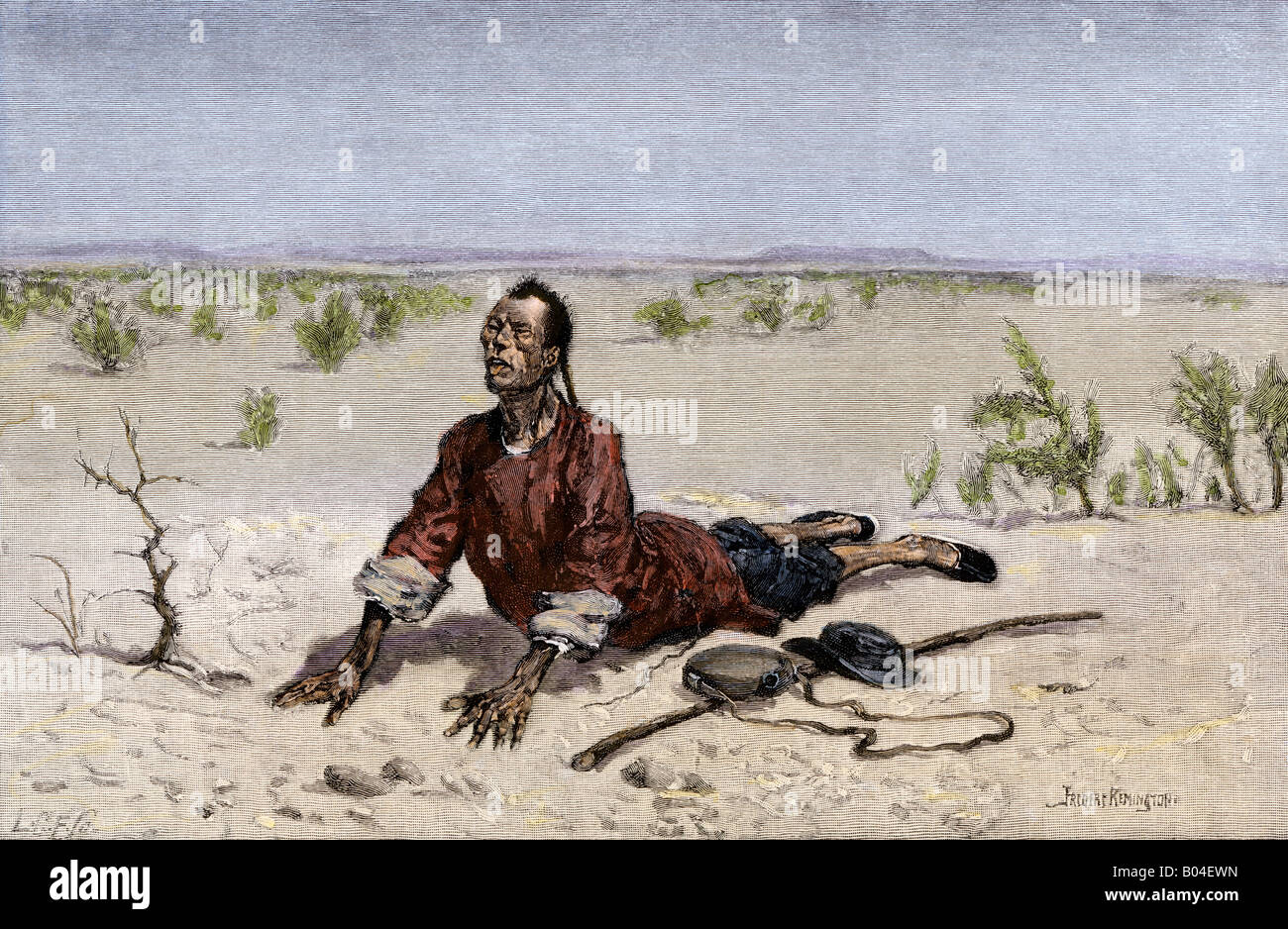 Chinese immigrant dying of thirst in the Mohave Desert 1800s. Hand-colored woodcut of a Frederic Remington illustration Stock Photo