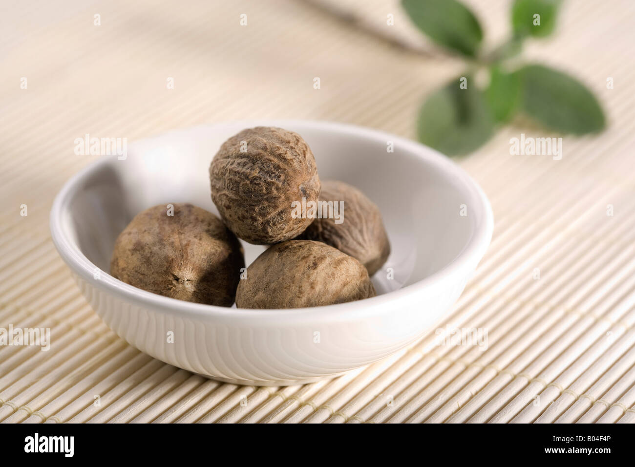 nutmeg in small white china bowl, on straw mat, garnished with leaves Stock Photo