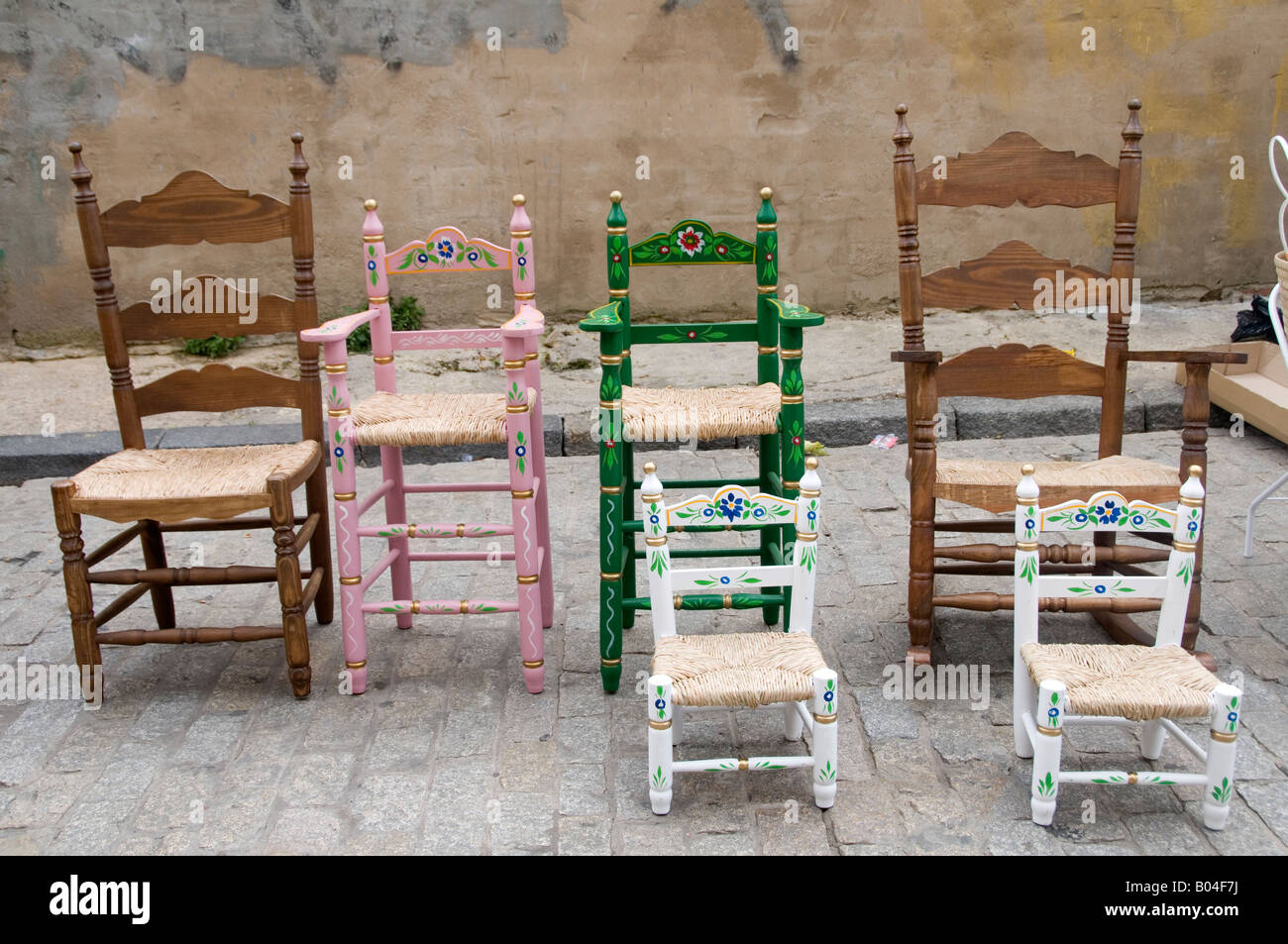 Spain Andalucia April 2008 Huelva Decorated chairs with woven seats Stock  Photo - Alamy