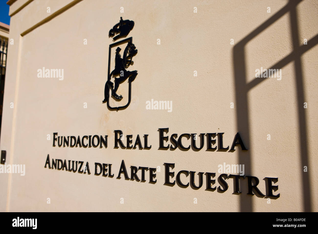 Sign at the entrance to Real Escuela Andaluza del Arte Ecuestre, school of equestrian skills, town of Jerez de la Frontera Stock Photo