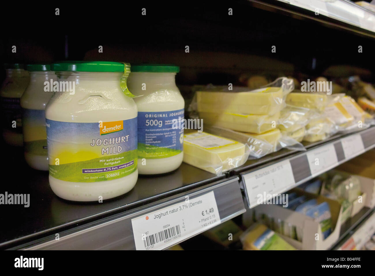 Assortment of dairy products in German organic food store Stock Photo