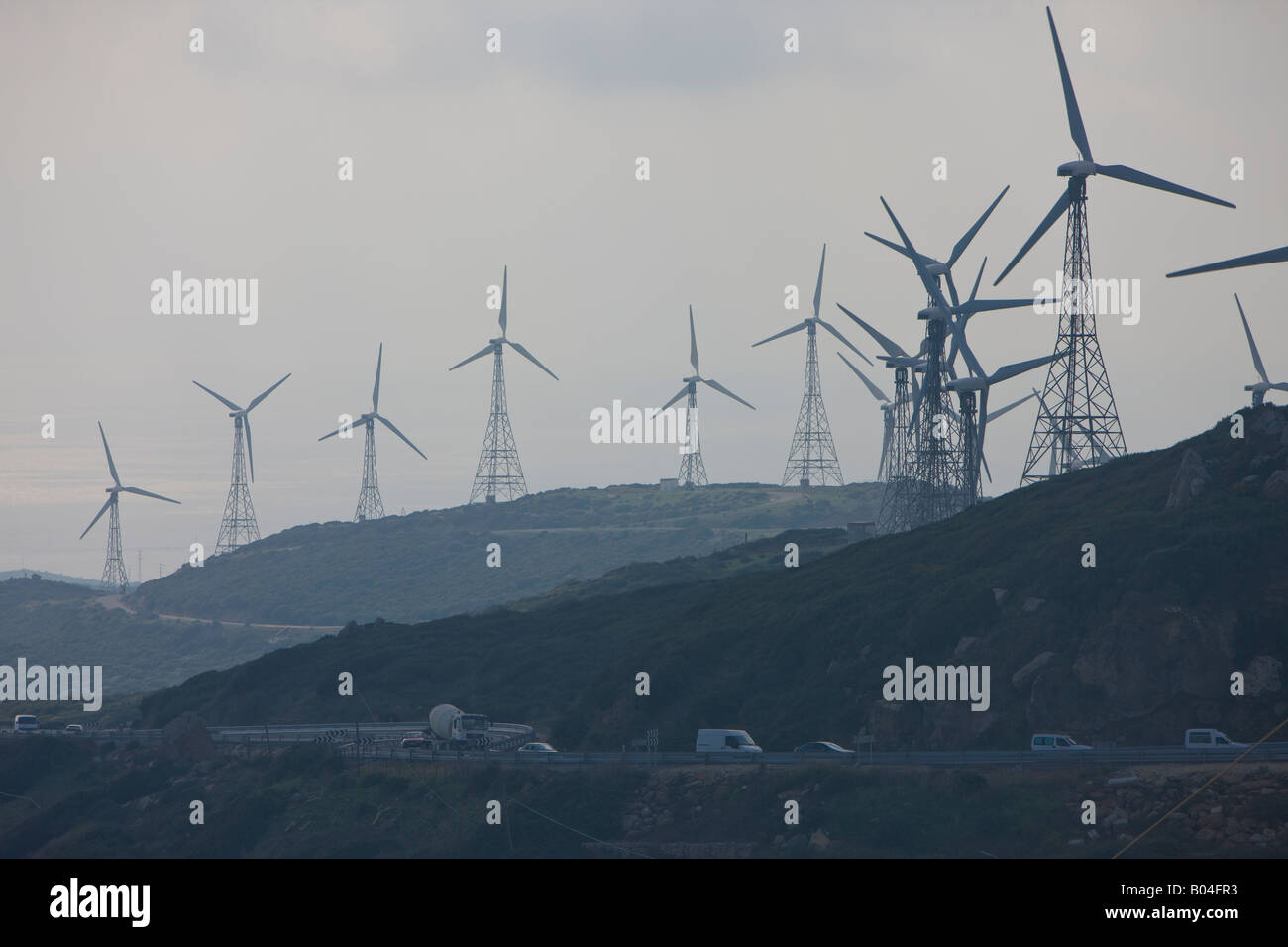 Wind turbines seen from El Mirador del Estrecho in the Province of Cadiz, Costa de la Luz, Andalusia (Andalucia), Spain, Europe. Stock Photo