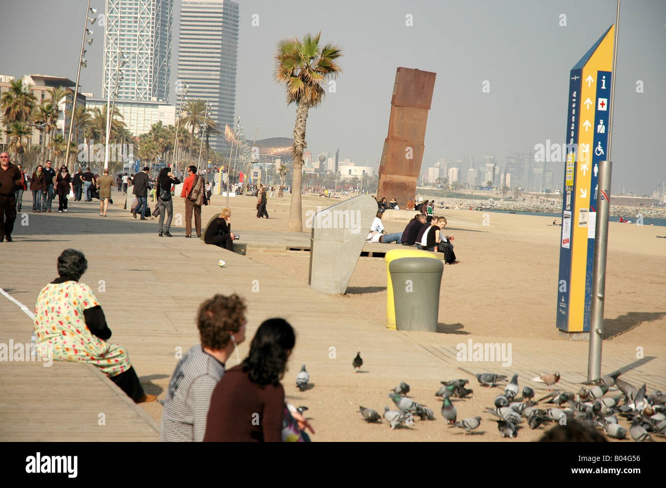 sonnig sunny sunshiny Strand beach sands strand Tauben doves Vogel birds Menschen people Stock Photo