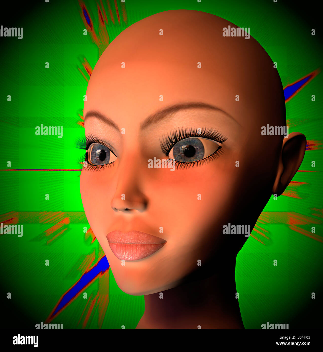 computer generated alien woman closeup with high tech background Stock ...