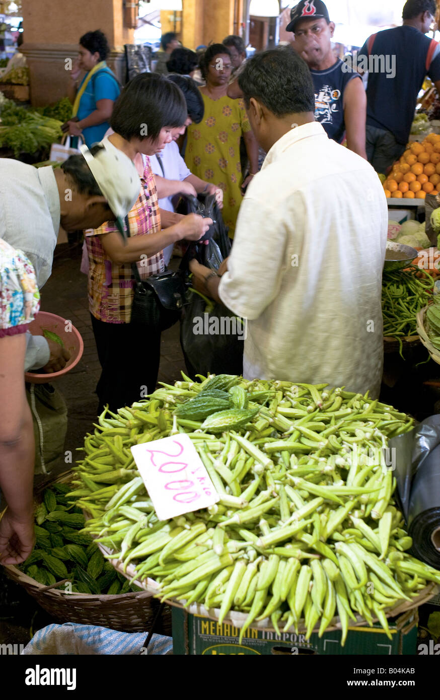 Okra on sale Port Louis market, Mauritius Stock Photo
