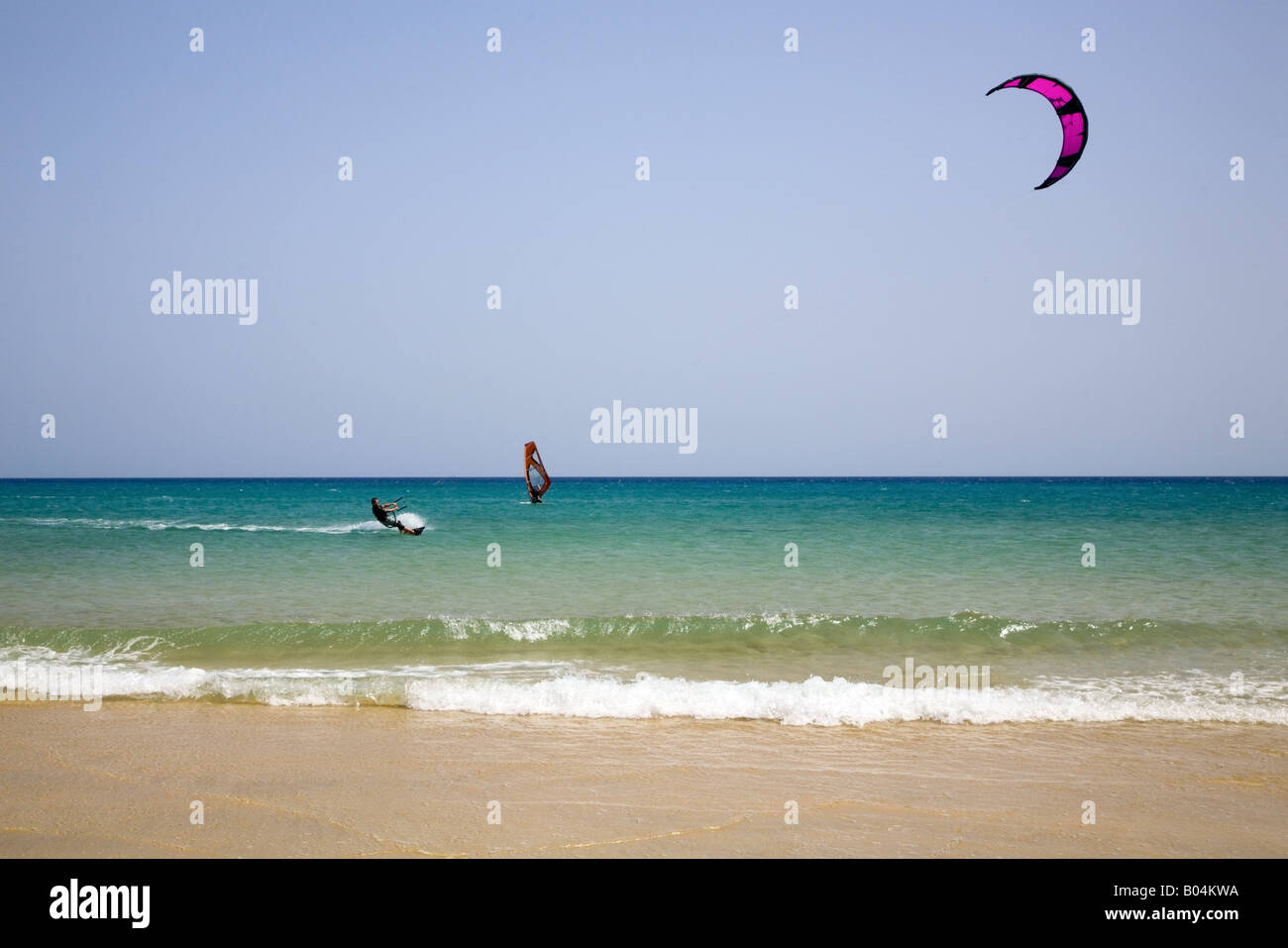 Beach La Barca with kite surfer, Jandia, Fuerteventura, Canaries, Spain Stock Photo