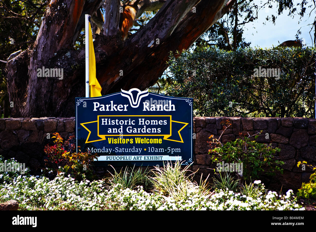 Image of the welcome sign at the end of the driveway for the Parker Ranch in Waimea Hawaii Stock Photo