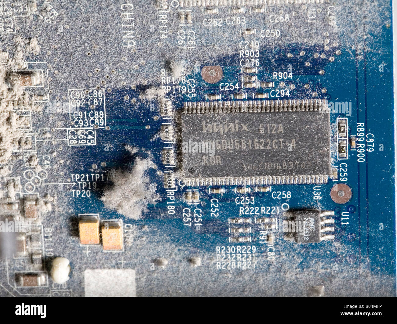 Inside a computer showing dust built up on all the components Stock