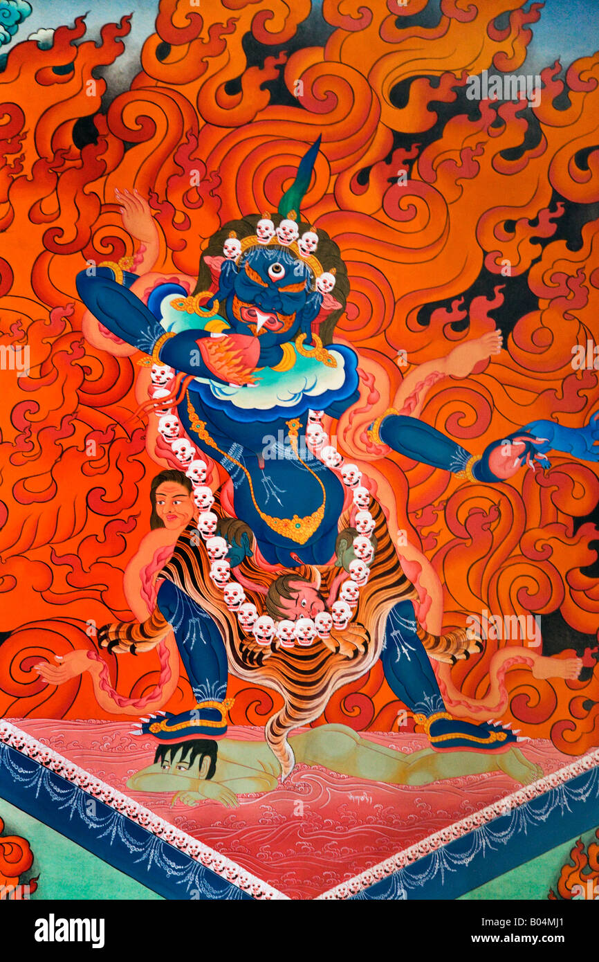 TIBETAN BUDDHIST MURAL on TANTRIC WRATHFUL DIETY in the TEMPLE at NAWAL NGAWAL on the AROUND ANNAPURNA TREK ANNAPURNA Stock Photo