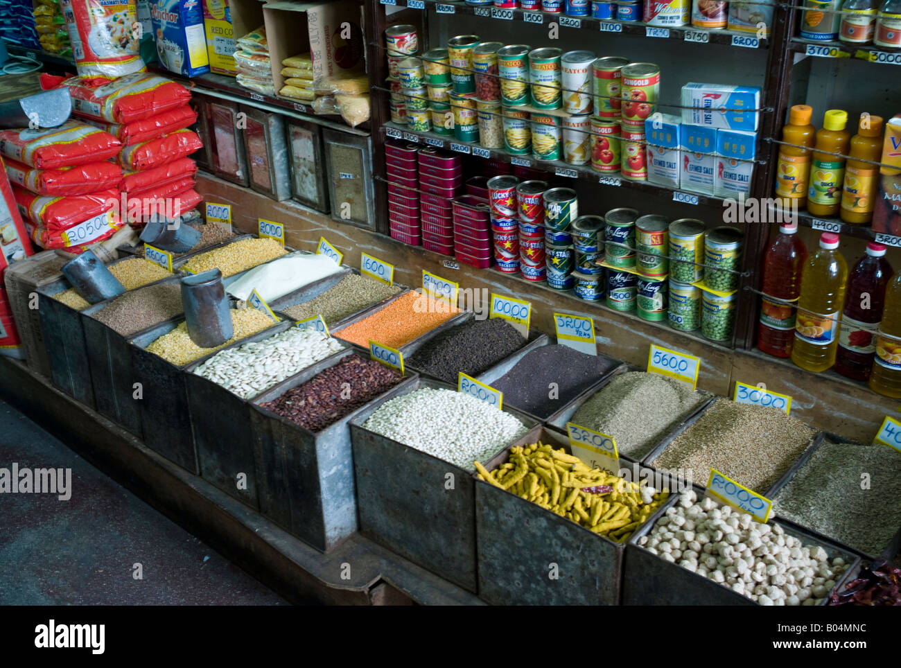 Pulses and canned food on display in a shop at Port Louis market, Mauritius Stock Photo