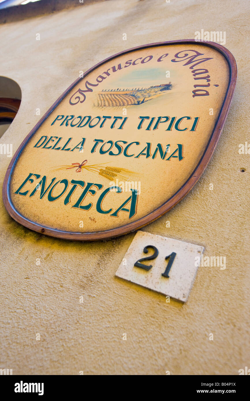 Shop sign in the historic old town centre of Pienza, a UNESCO World Heritage Site, Province of Siena, Region of Tuscany, Europe. Stock Photo