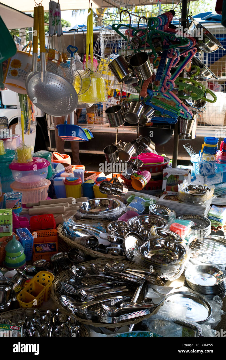 Kitchen utensils on sale in Port Louis market, Mauritius Stock Photo