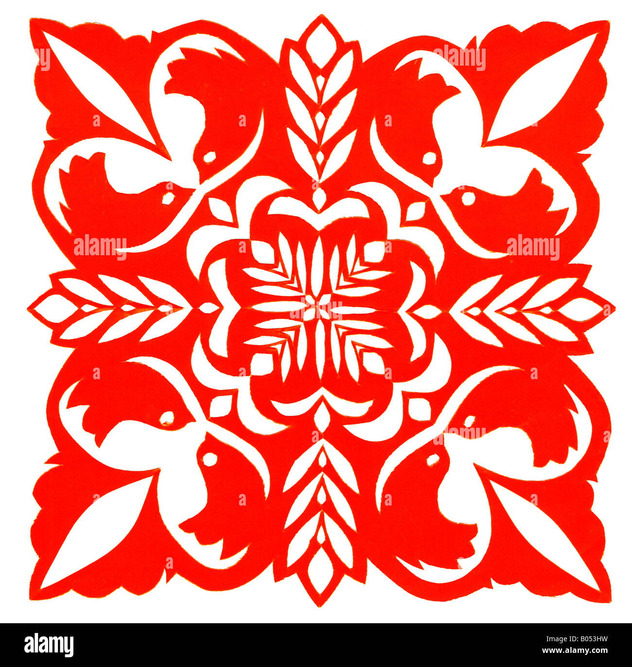 Contemporary square paper cutting with symmetrical floral design with birds by Miss Wanda Skowron from Warszawa Poland 2008 Stock Photo