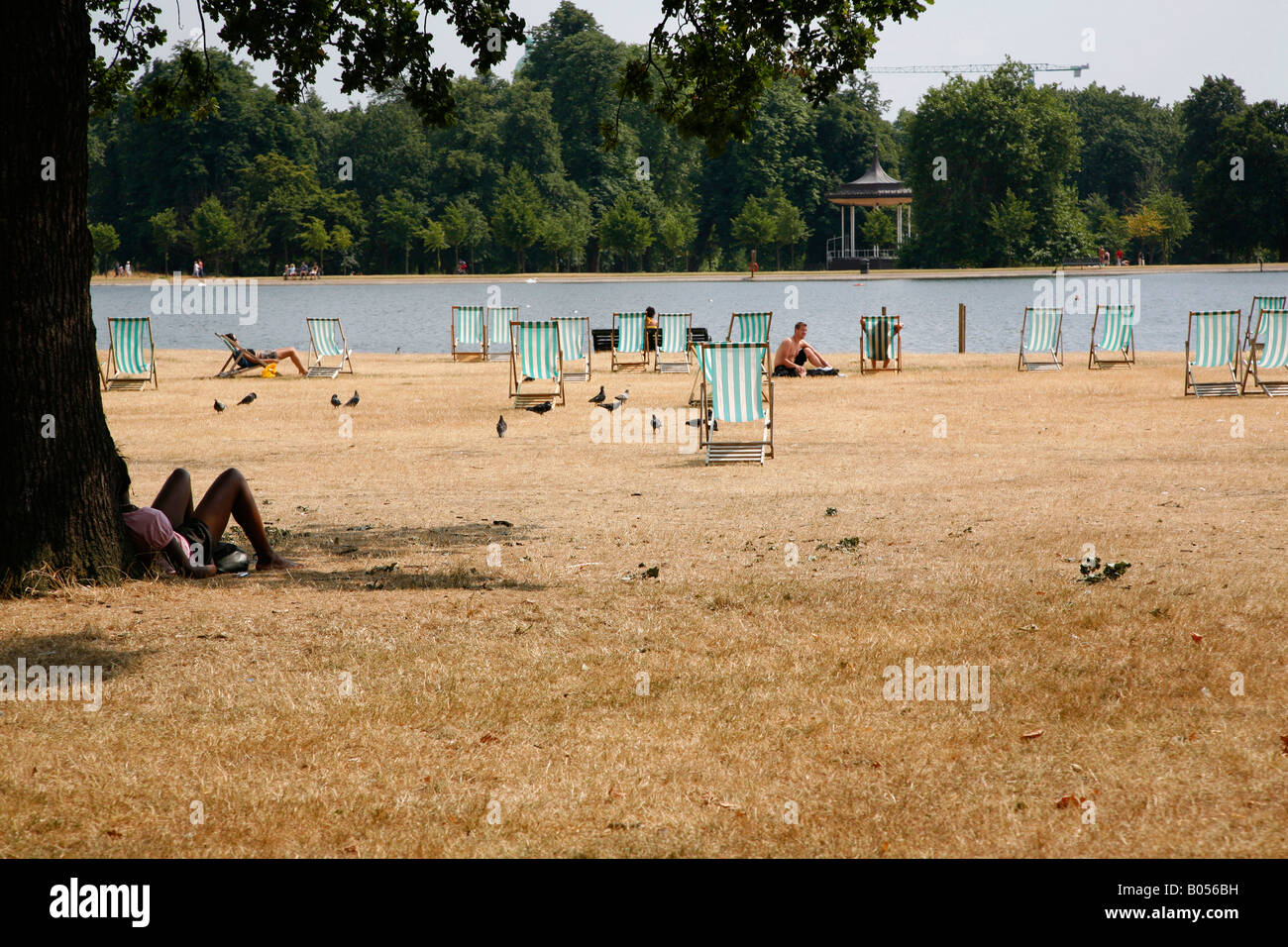 Heatwave and drought conditions at the Round Pond on Kensington Gardens, London Stock Photo