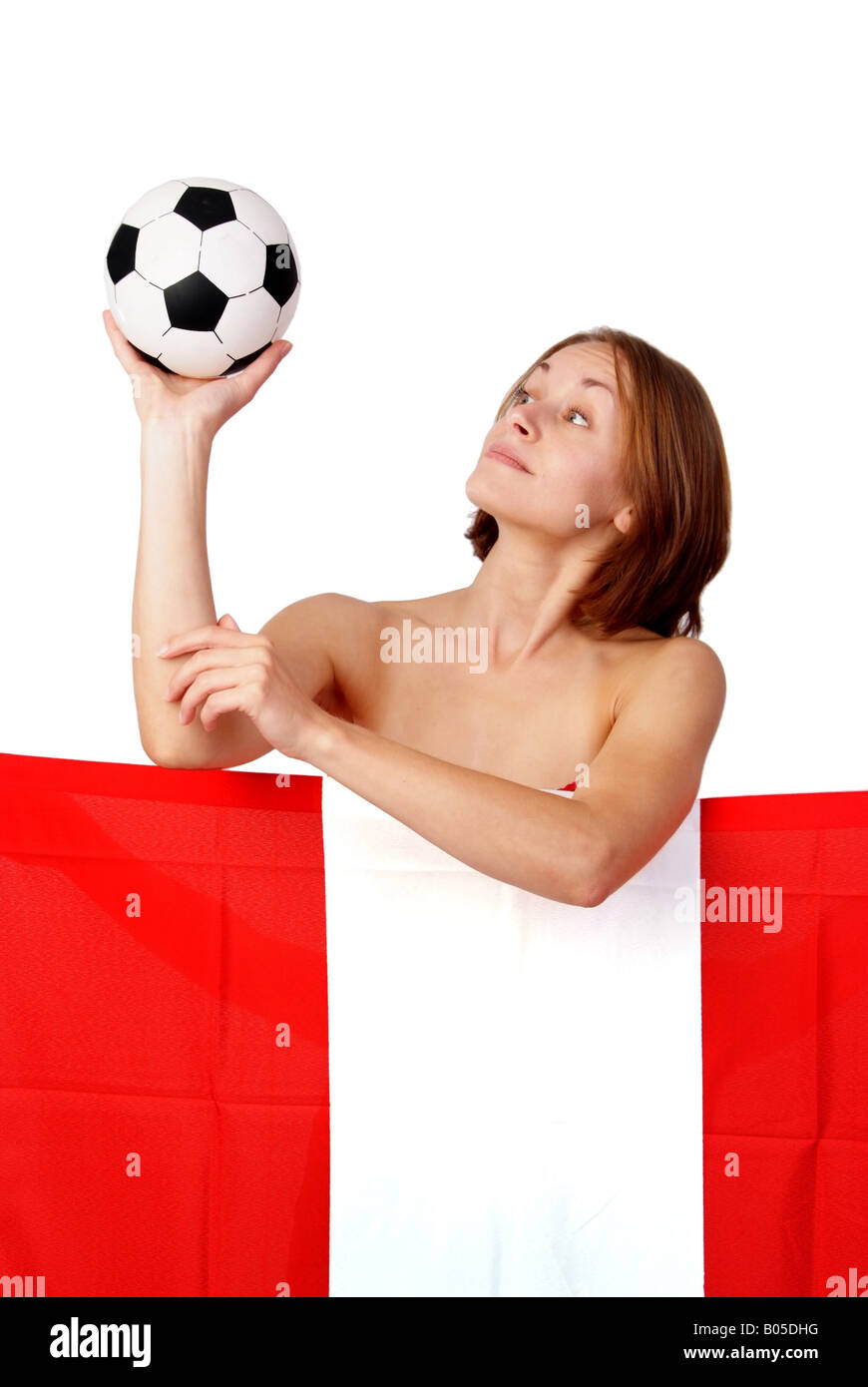 young woman with football behind Austrian flag, Austria Stock Photo Alamy