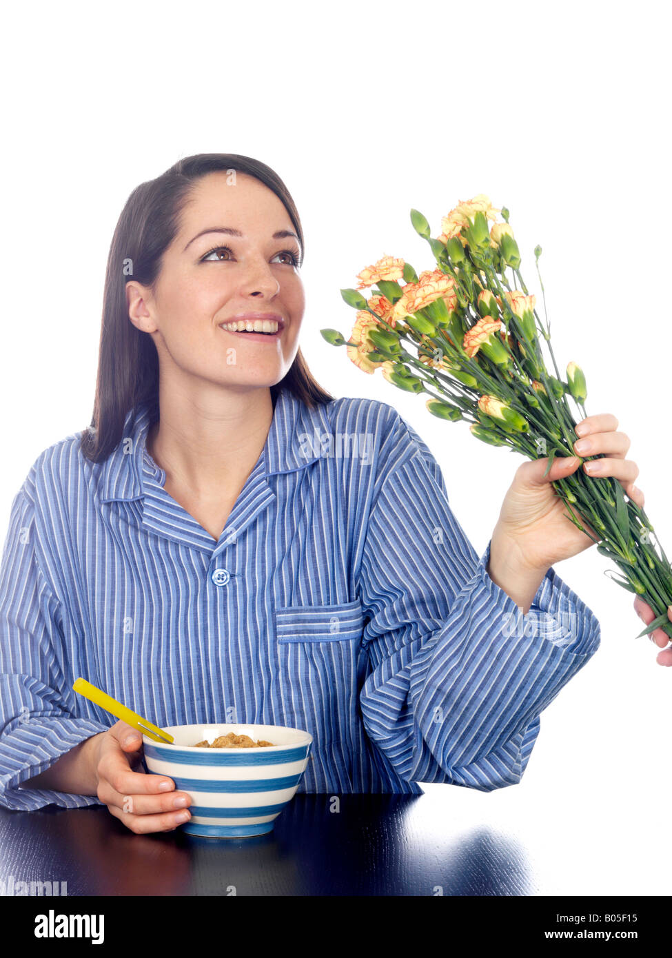 Young Woman Receiving Bunch of Flowers Model Released Stock Photo - Alamy