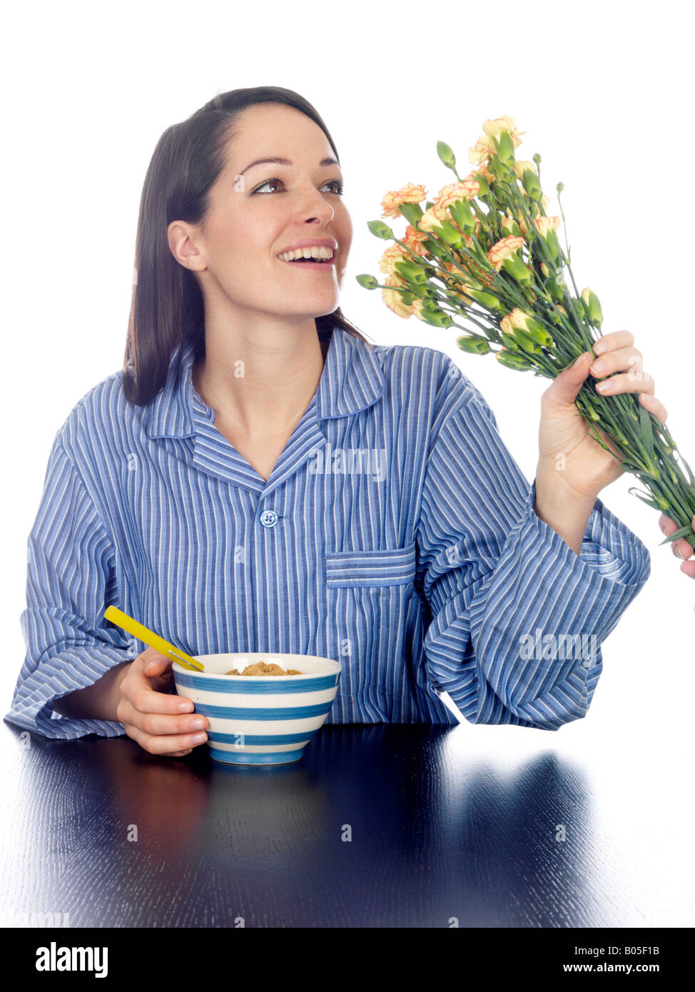 Young Woman Receiving Bunch of Flowers Model Released Stock Photo - Alamy