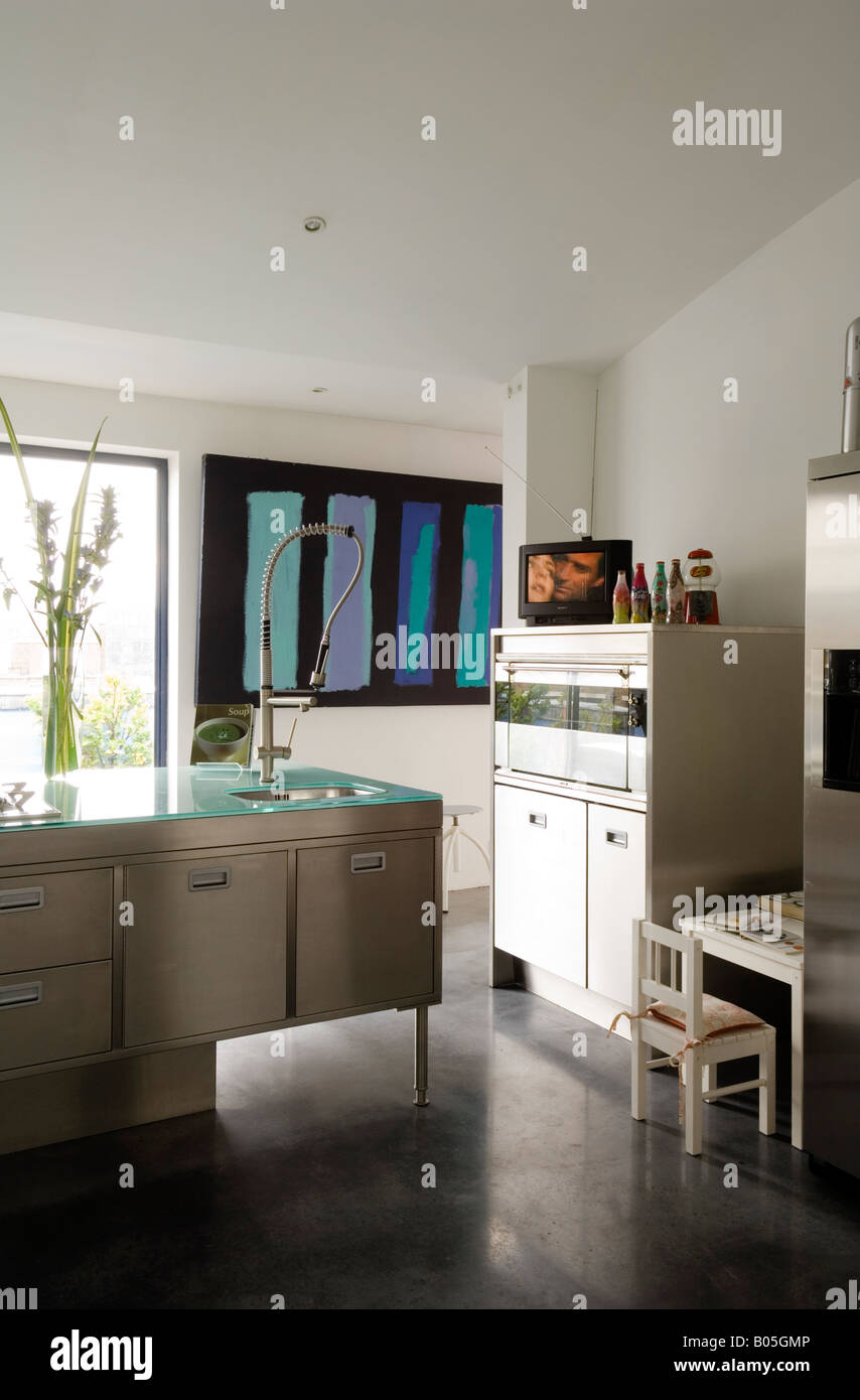 Stainless steel kitchen in converted 1950s factory Stock Photo