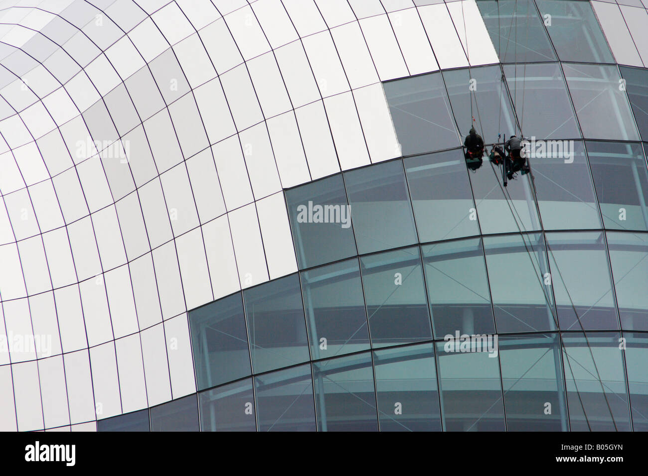Window cleaners on The Sage building in Gateshead near Newcastle upon Tyne, England, United