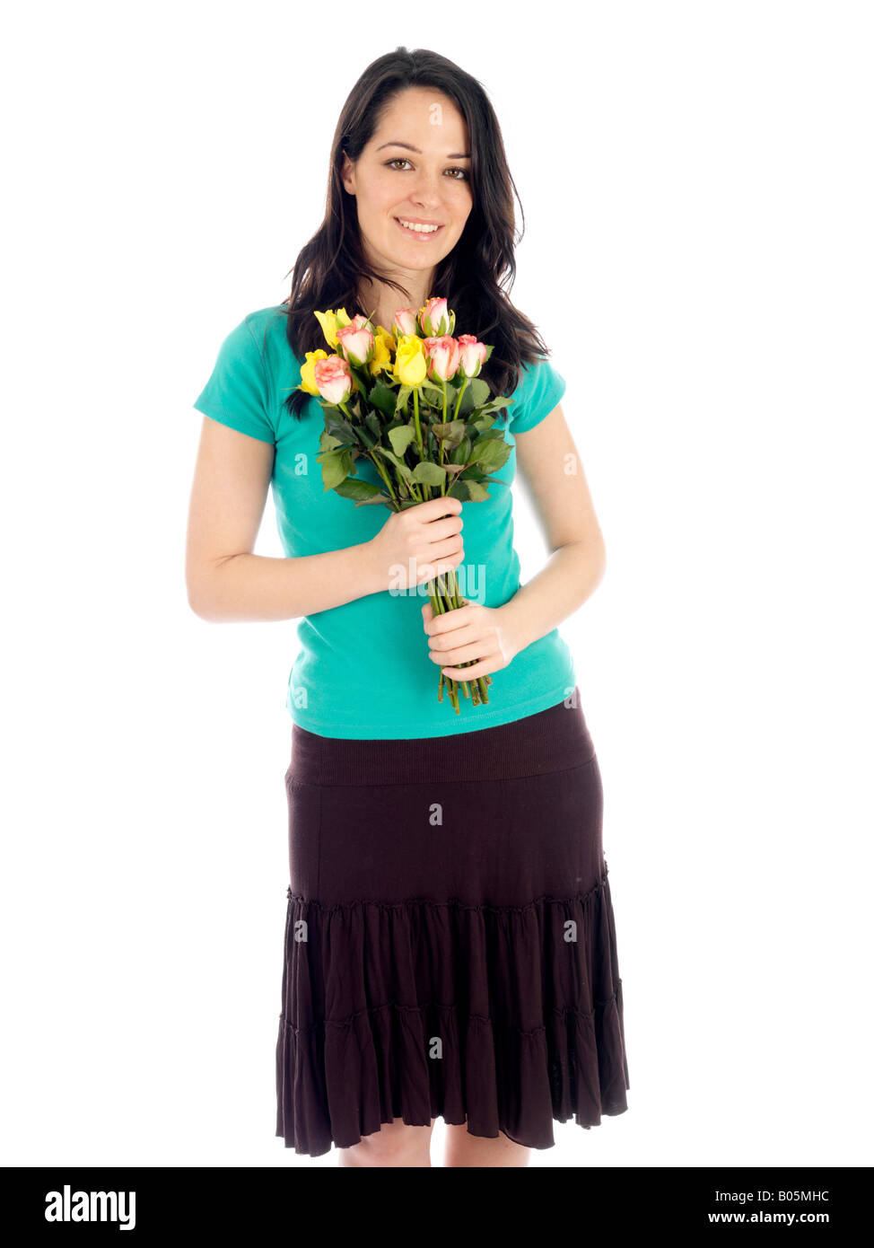 Happy Pleased Young Woman Holding A Beautiful Bunch Or Bouquet Of ...