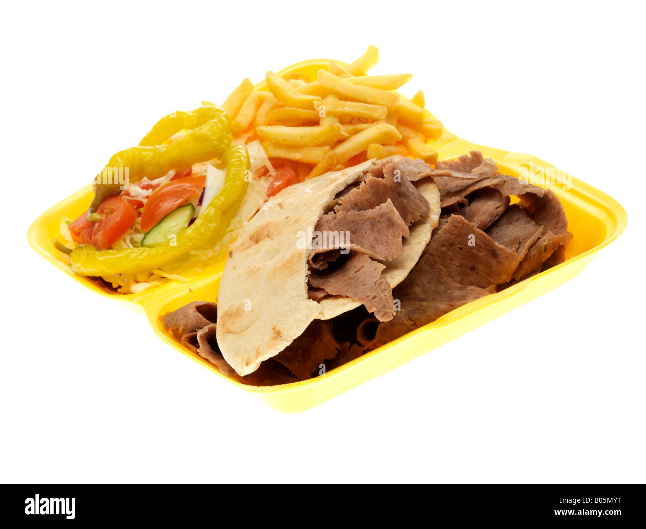 Fresh Lamb Donner Kebab With Chips And Jalapeno Sweet Peppers Isolated