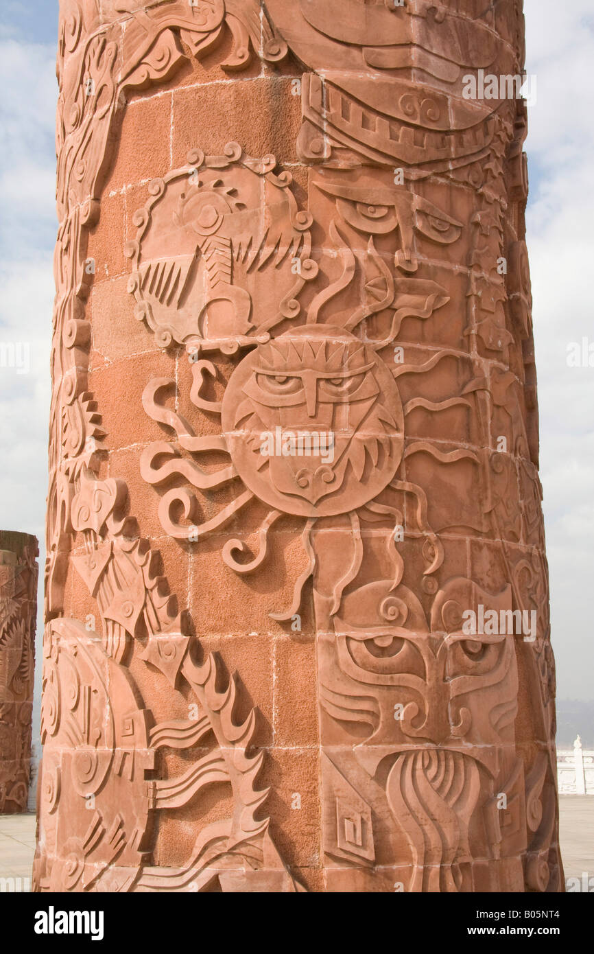 Close Up Of The Central Pillar Of The Totem Pillars Of The Yi Tribe On 