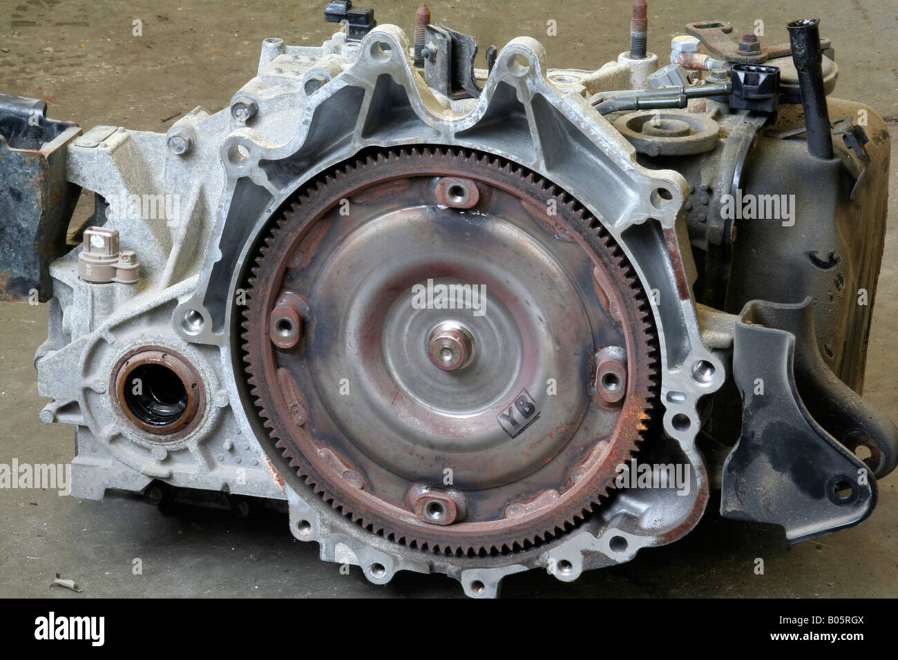 Automobile Transmission showing flywheel attachment and ring gear Stock Photo