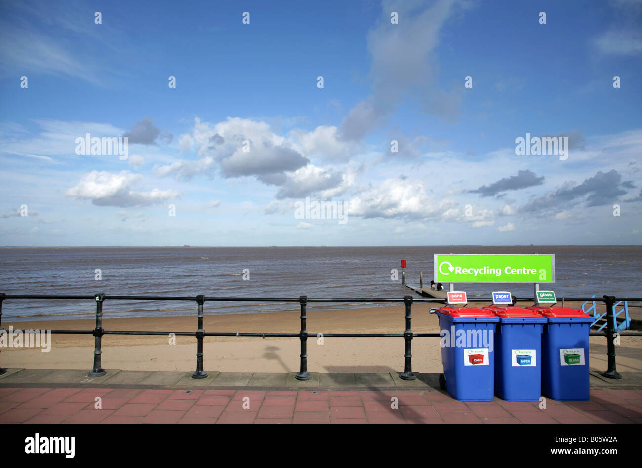 Recycling bins, Central Promenade, Cleethorpes, Great Britain. Stock Photo