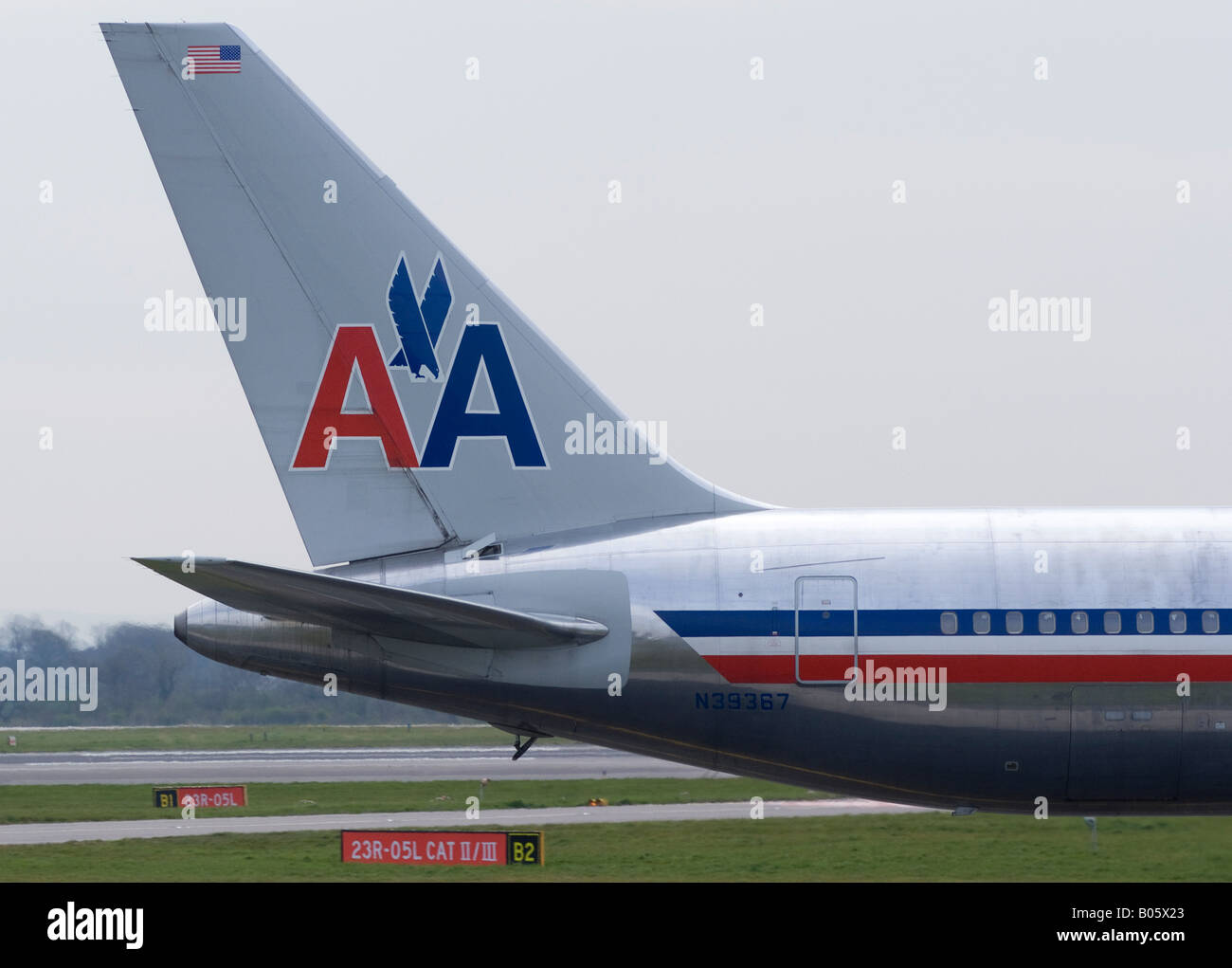 Tail Section of American Airlines Boeing 767-300 Taxiing for Take-off at Manchester Airport Greater Manchester England UK Stock Photo