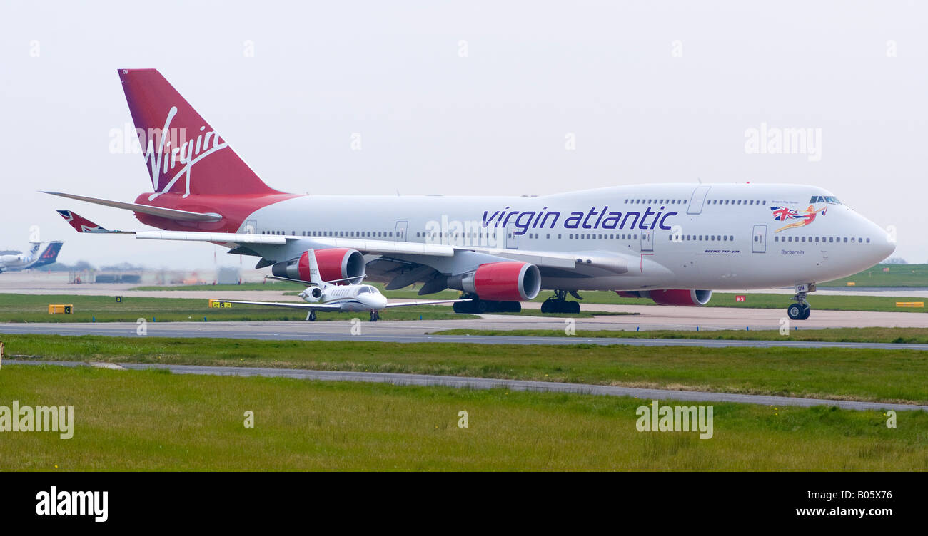 Virgin Atlantic Boeing 747-443 Taxiing Out for Take-off at Manchester Ringway Airport Greater Manchester England United Kingdom Stock Photo