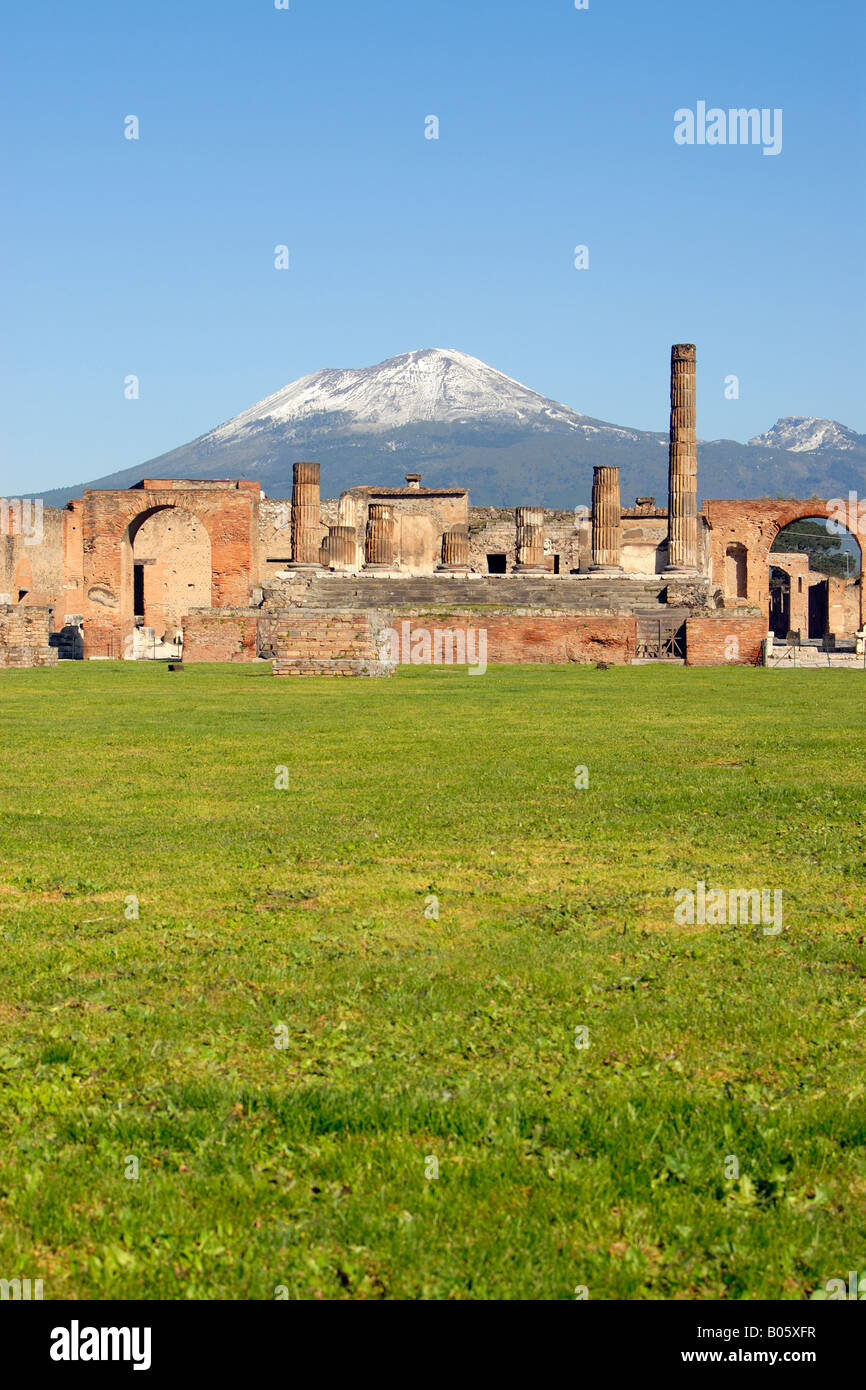 The Forum and the Temple of Jupiter with Snow-Capped Mount Vesuvius Volcano in the Background, Pompeii (Italy) Stock Photo