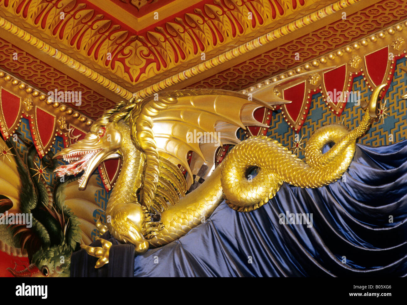 Brighton Pavilion music room oriental Chinese art gilt gilded gold dragon detail ceiling interior decoration decorative freize Stock Photo