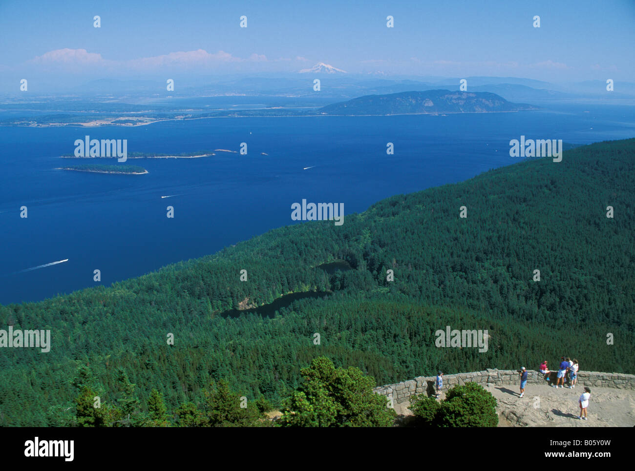 View of Rosario Strait and Mount Baker from Mount Constitution in Moran State Park Orcas Island San Juan Islands Washington Stock Photo