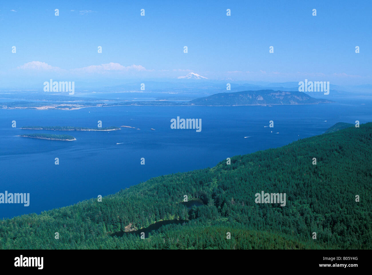 View of Rosario Strait and Mount Baker from Mount Constitution in Moran State Park Orcas Island San Juan Islands Washington Stock Photo