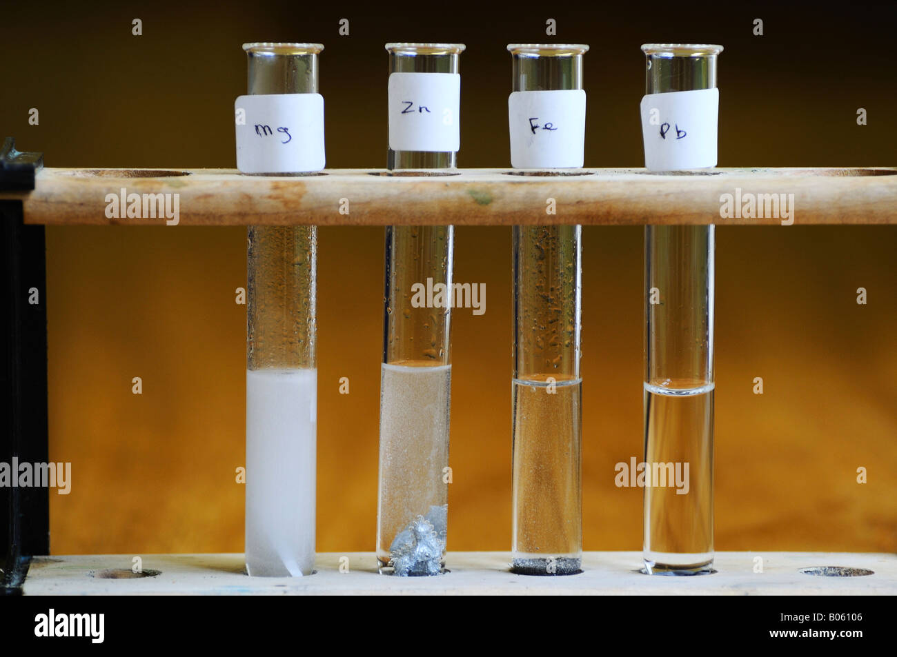 Reactivity of metals. Magnesium, zinc, iron and lead in dilute hydrochloric acid. Stock Photo