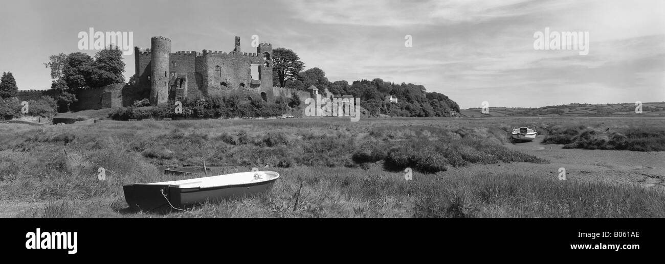 This is Llaugharne Castle, Located very close to Dylan Thomas's Boathouse, which is just around the corner of the estuary Stock Photo