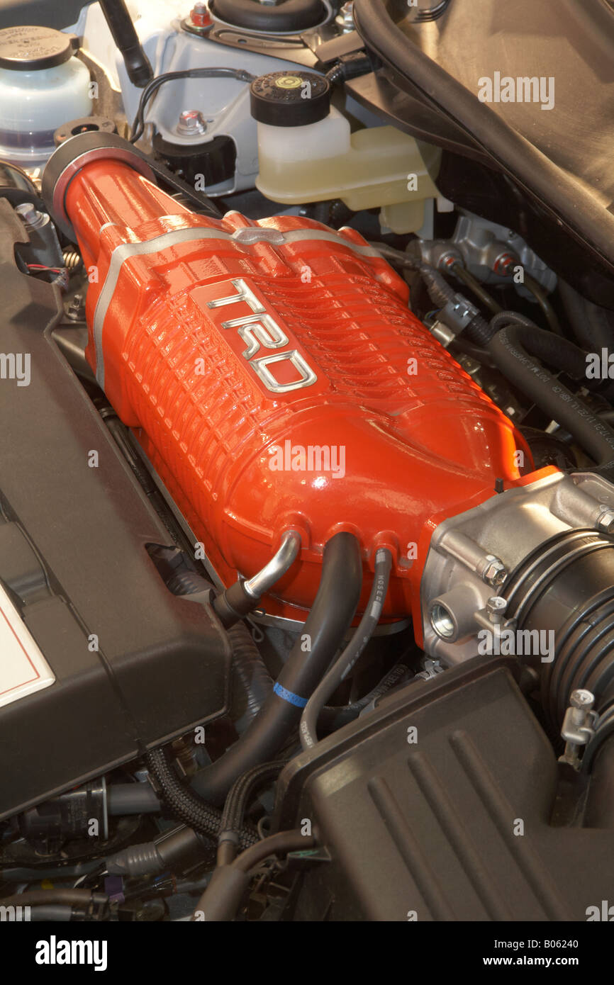 Toyota Racing Development (TRD) supercharger on a Toyota Corolla engine Stock Photo