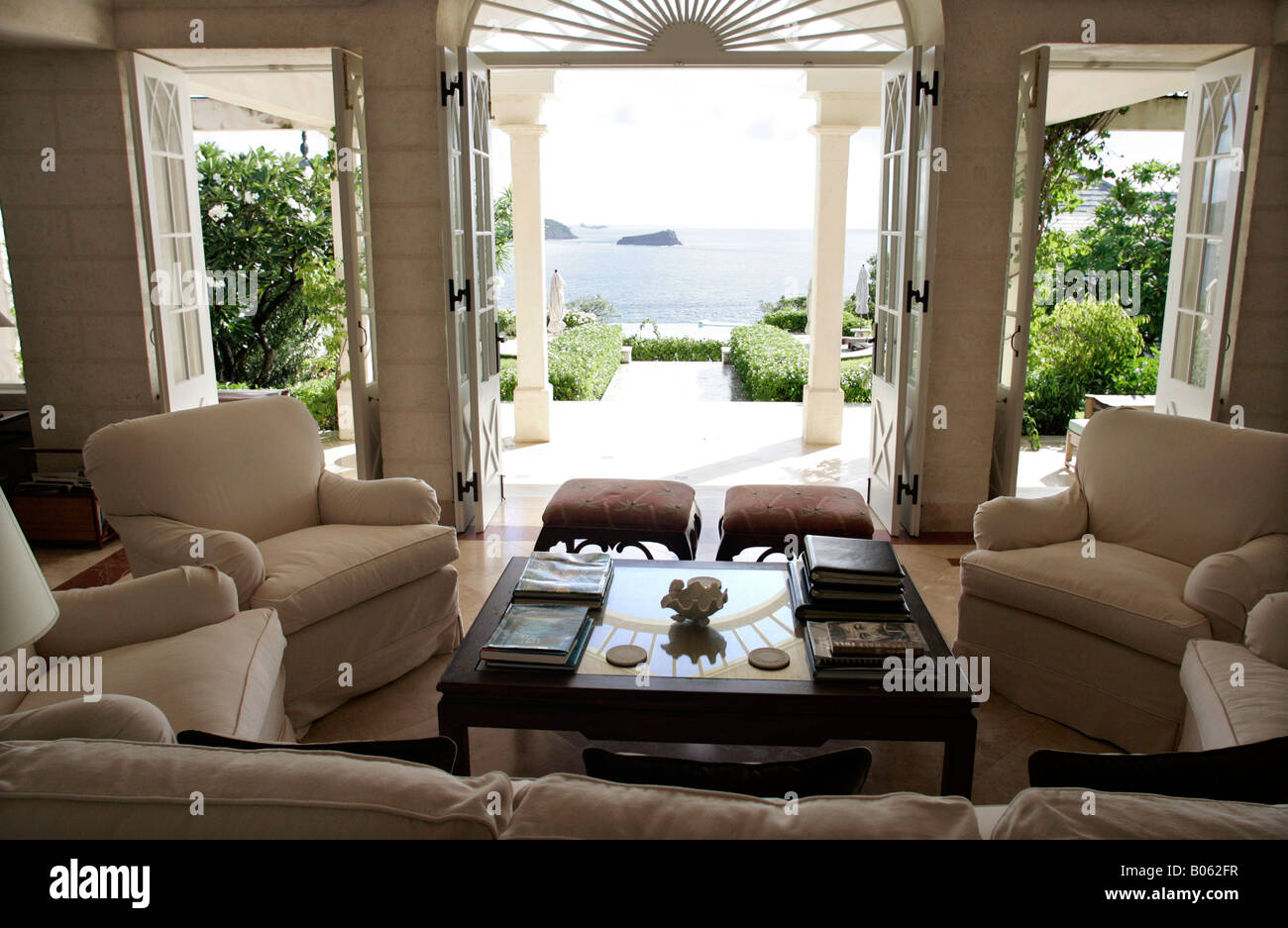 Princess Margaret's former villa, Les Jolies Eaux, on the island of Mustique, St. Vincent and the Grenadines. Stock Photo