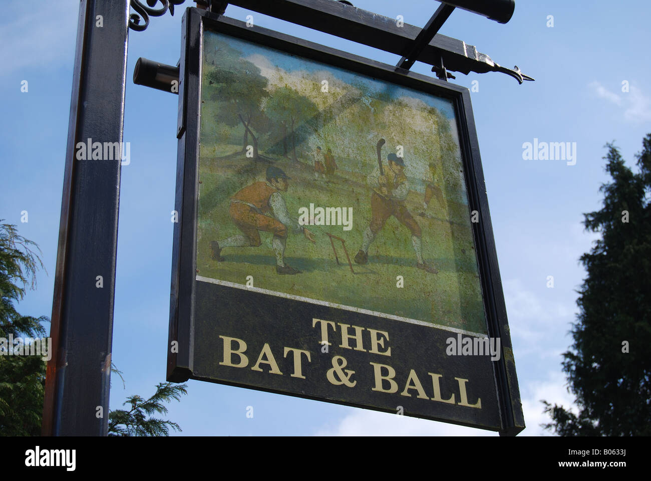 The Bat and Ball Pub sign, Broadhalfpenny Down, Hambledon, Hampshire, England, United Kingdom Stock Photo