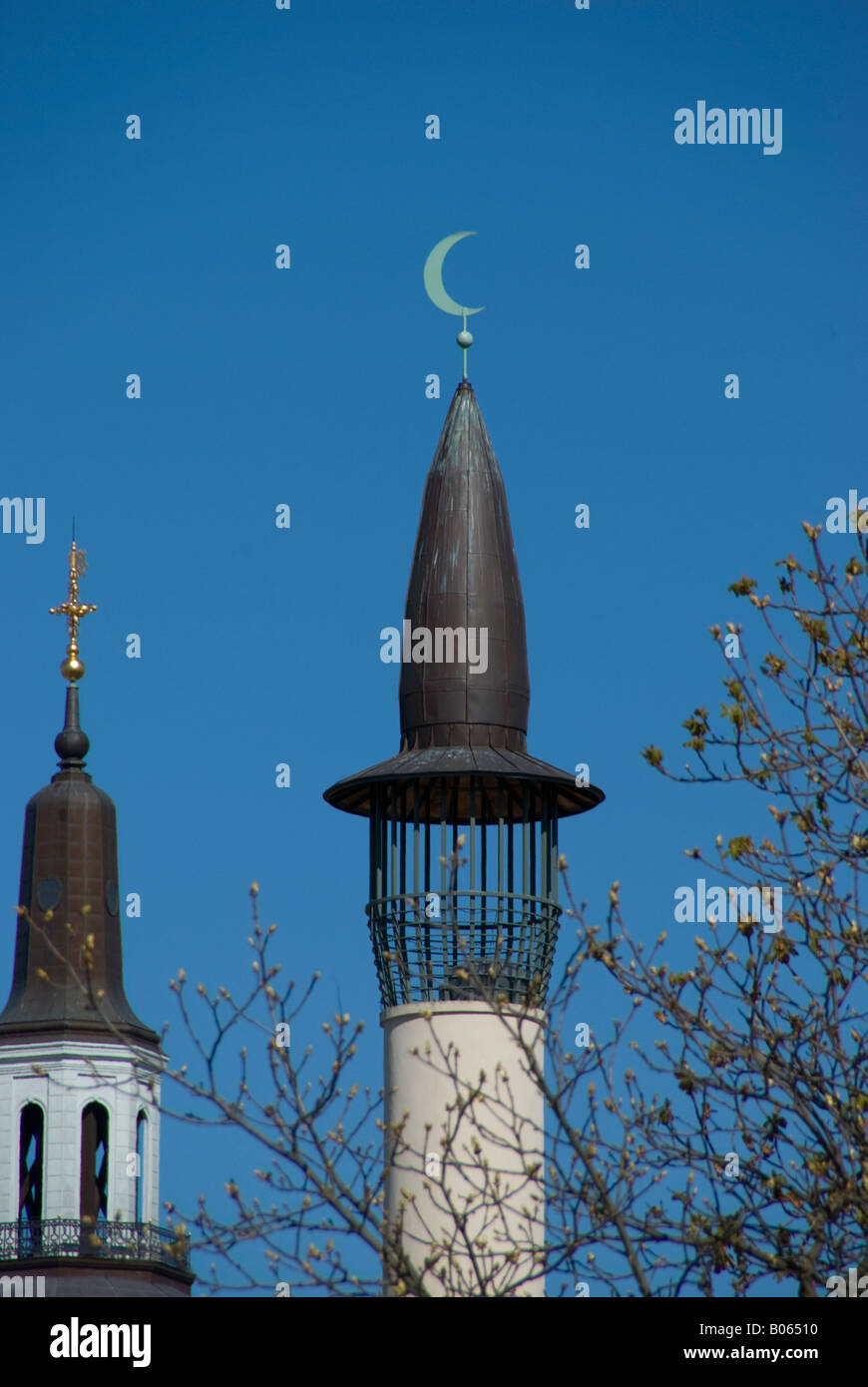 Islamic symbol, crescent moon on top of a minaret in a mosque in stockholm Stock Photo