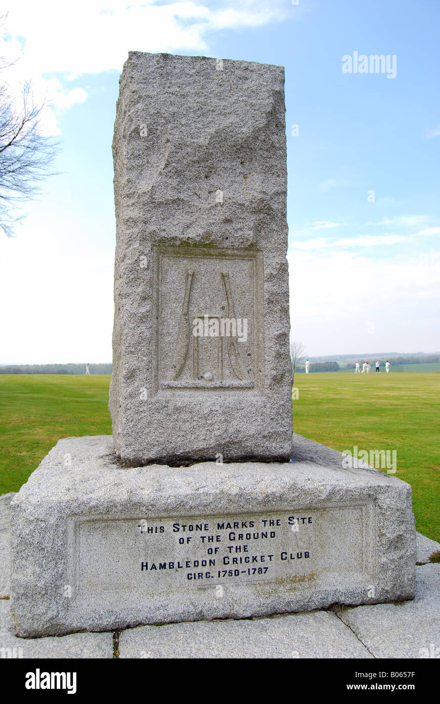 Cricket Memorial Stone, Broadhalfpenny Down, Hambledon, Hampshire, England, United Kingdom Stock Photo